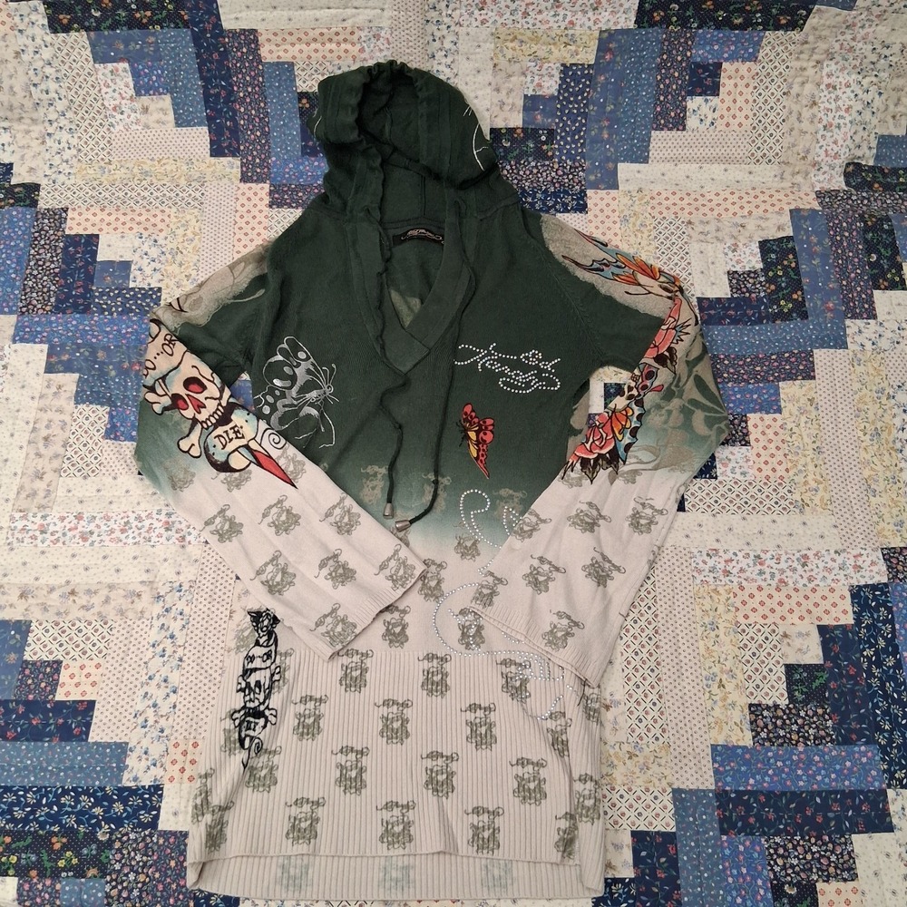 Vintage Y2K Ed Hardy Christian Audigier Hooded Pullover Sweater Love Kills Slowl